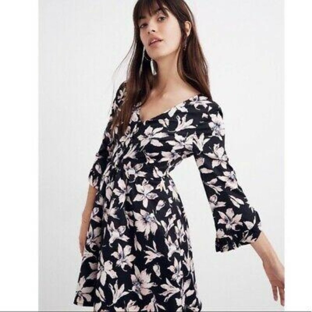 Madewell Black Floral Long Sleeve Dress